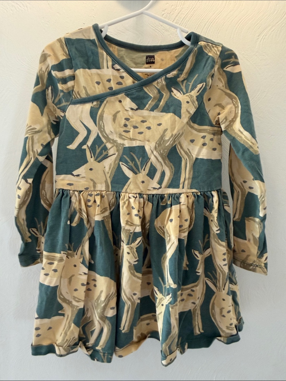 Tea Collection Teal and Cream Deer Print Long-Sleeve Dress